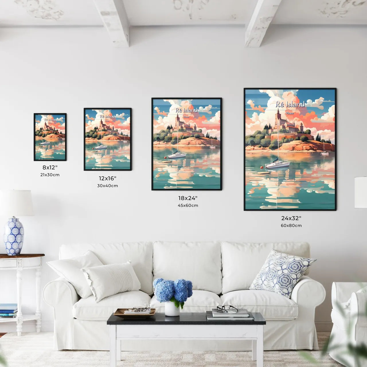 Ré Island, France - Art print of a painting of a castle on a hill with boats in the water Size Chart