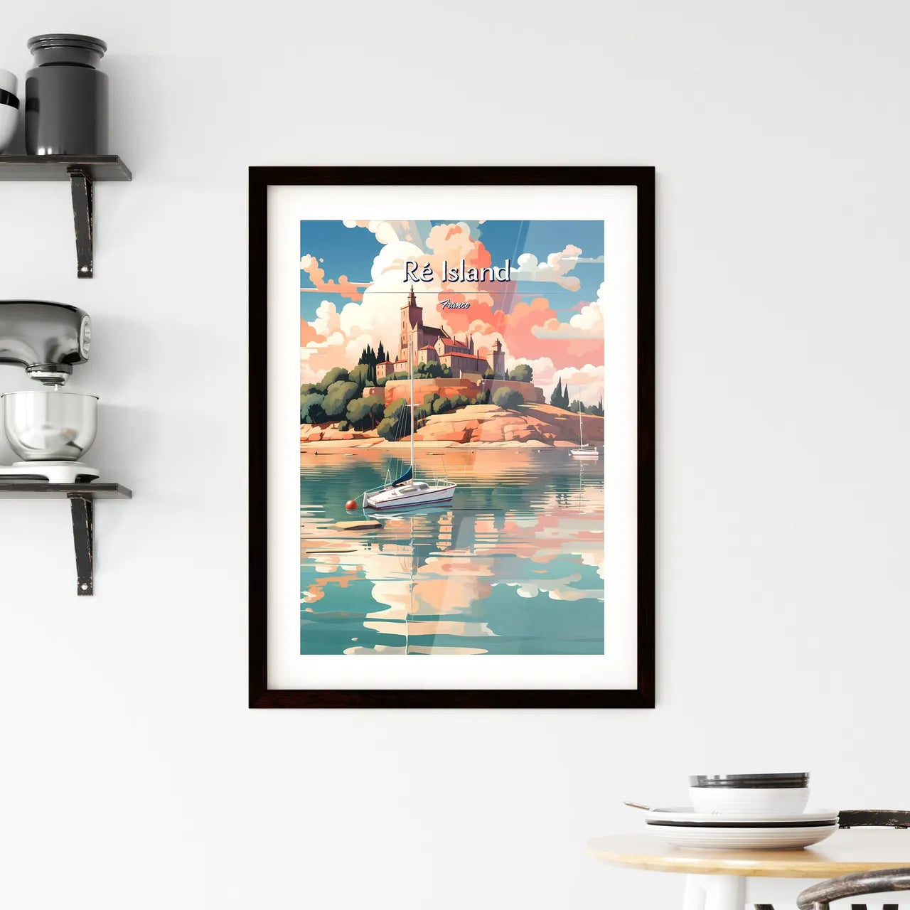 Ré Island, France - Art print of a painting of a castle on a hill with boats in the water Custom Print