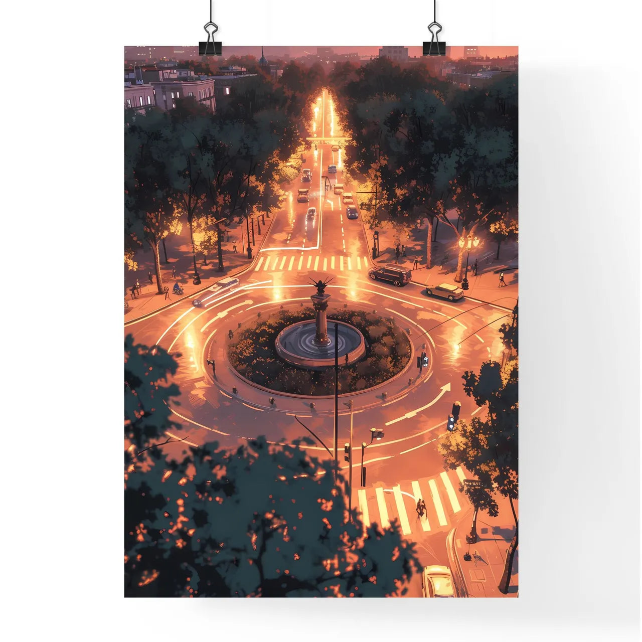 Poster of Barcelona - Art print of a city street with a fountain and cars Poster