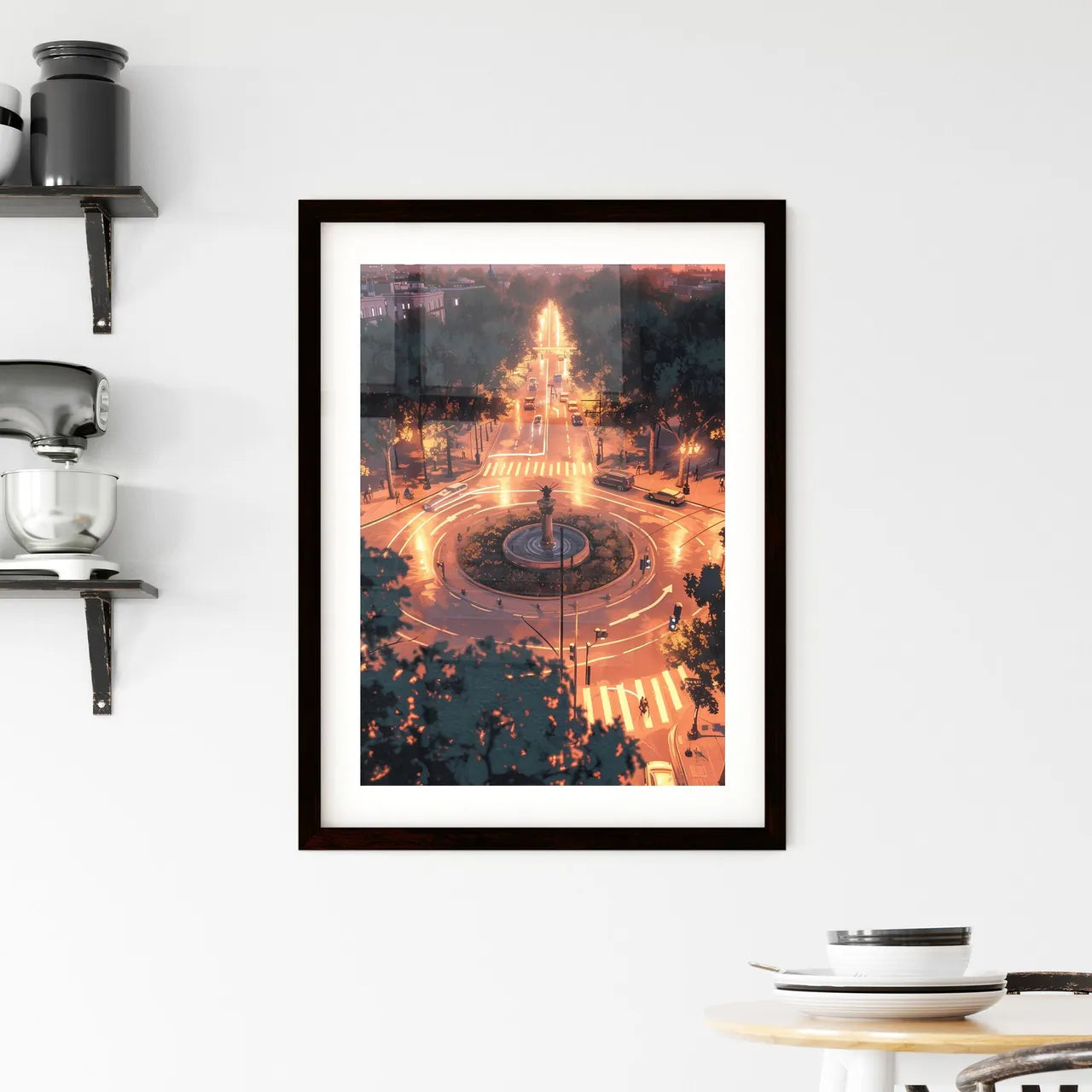 Poster of Barcelona - Art print of a city street with a fountain and cars Custom Print