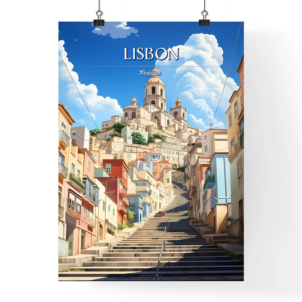 Lisbon, Portugal - Art print of a staircase leading up to a city Poster