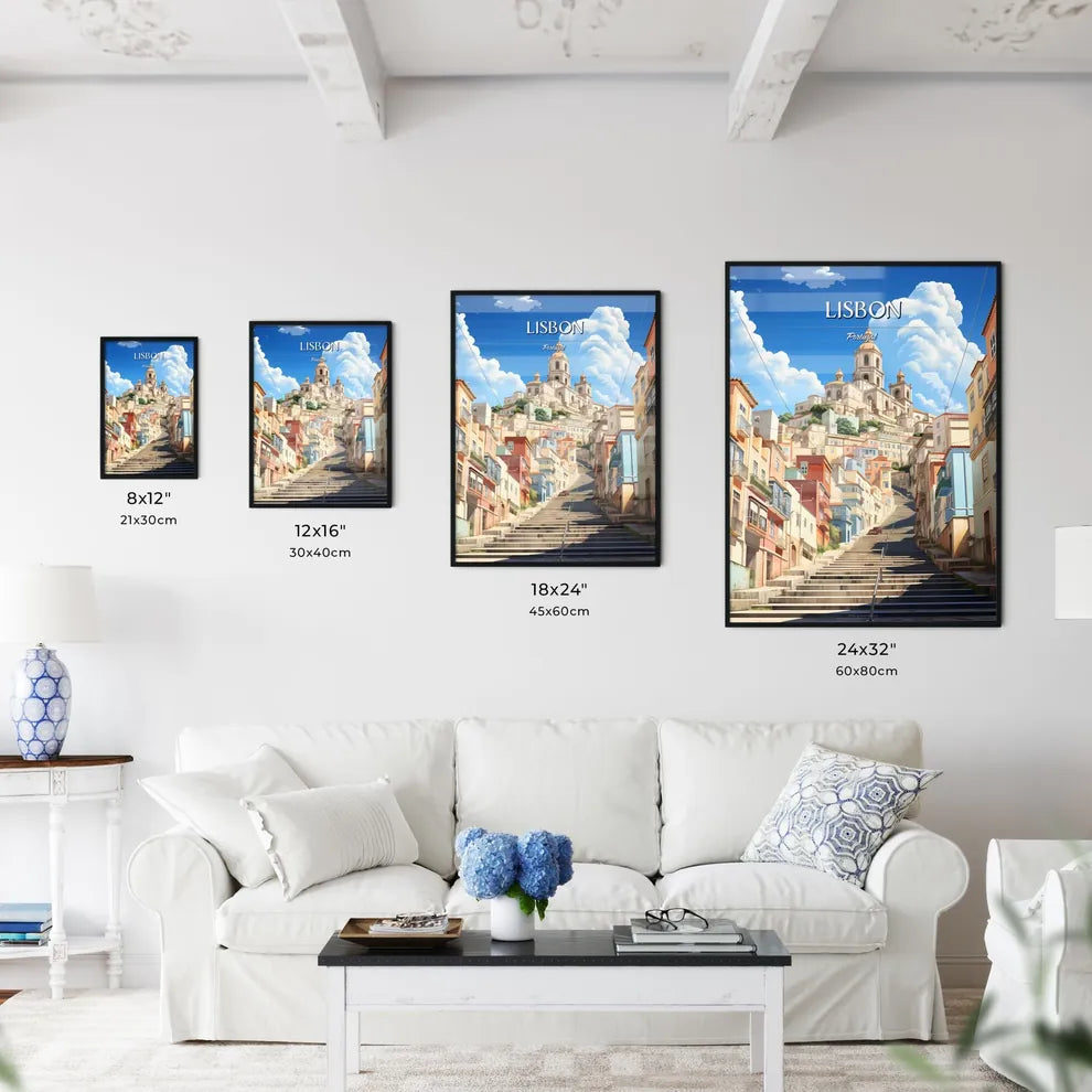 Lisbon, Portugal - Art print of a staircase leading up to a city Size Chart