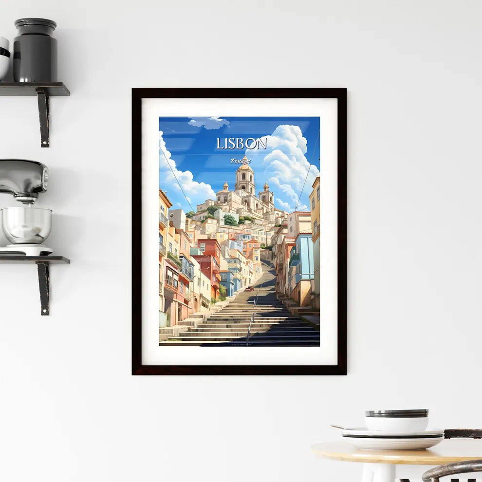 Lisbon, Portugal - Art print of a staircase leading up to a city Custom Print
