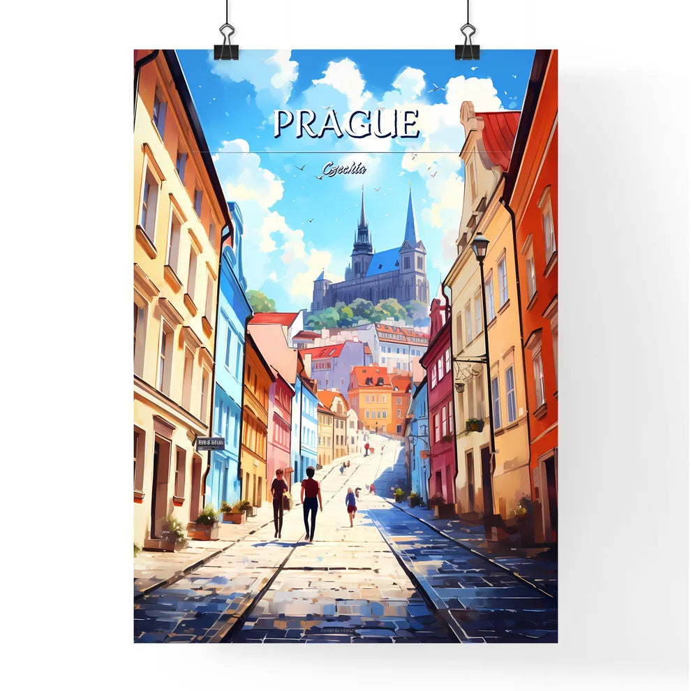 Prague, Czechia - Art print of a street with buildings and people walking on it Poster