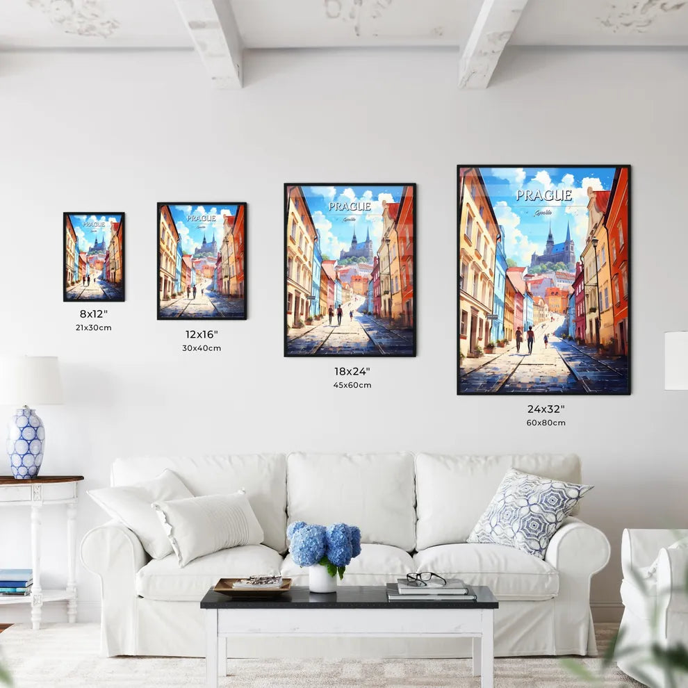 Prague, Czechia - Art print of a street with buildings and people walking on it Size Chart