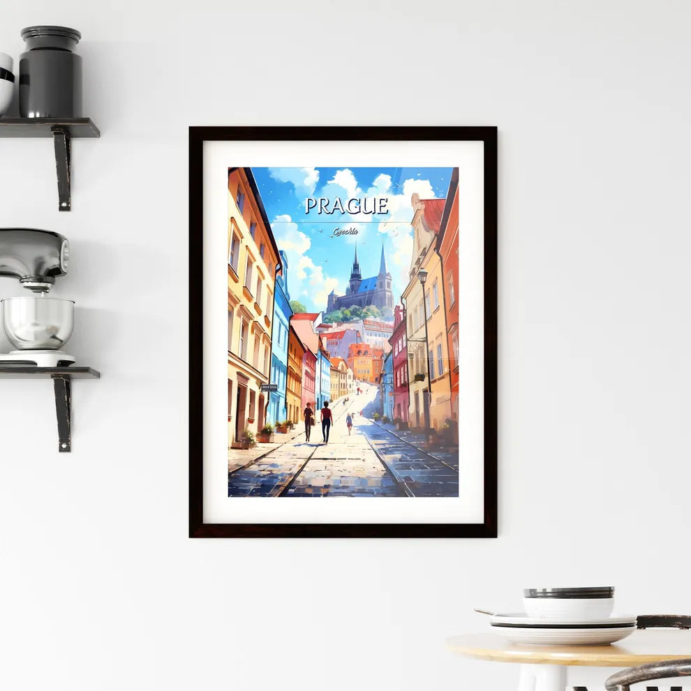 Prague, Czechia - Art print of a street with buildings and people walking on it Custom Print
