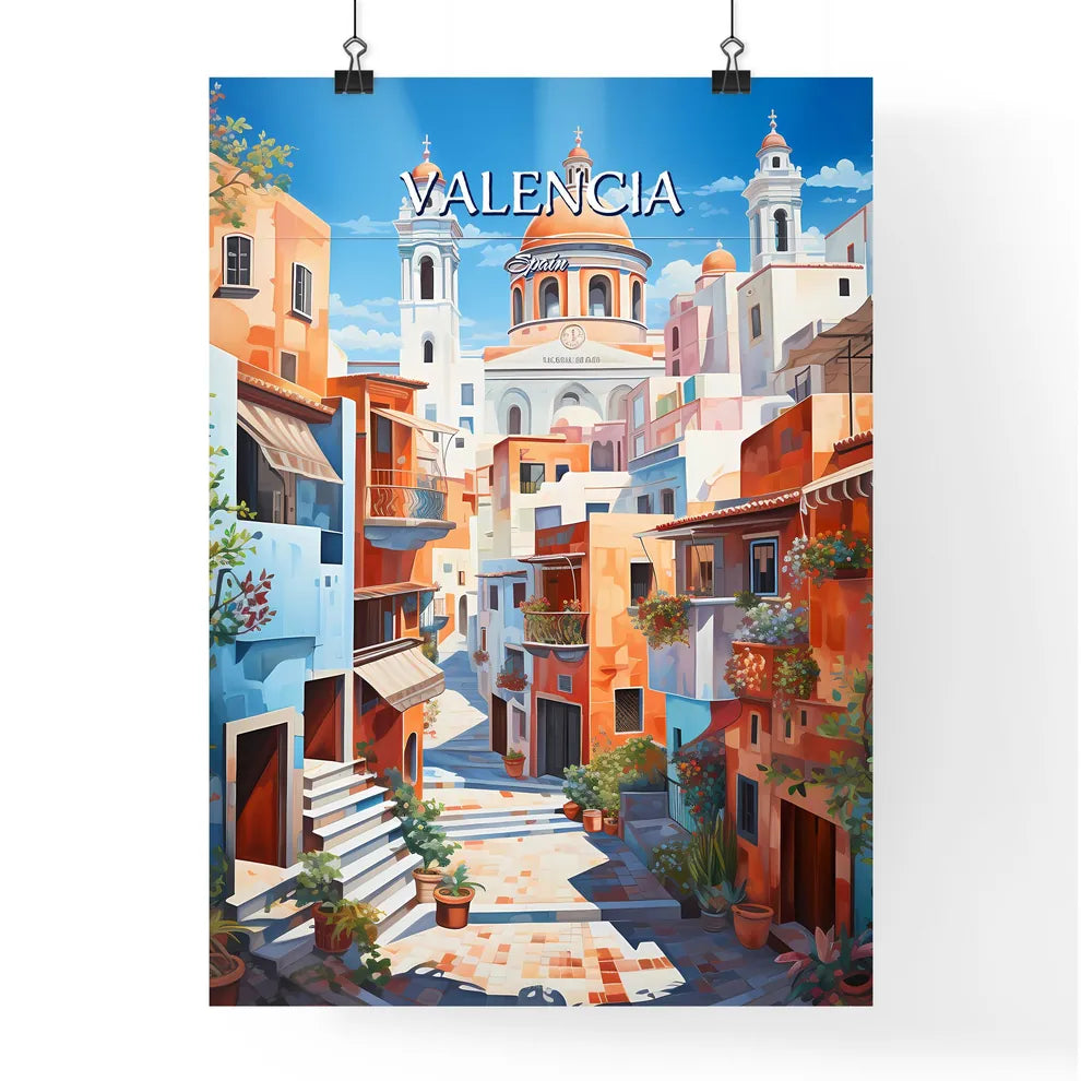 Valencia, Spain - Art print of a painting of a colorful city Poster