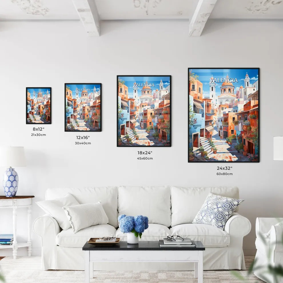 Valencia, Spain - Art print of a painting of a colorful city Size Chart