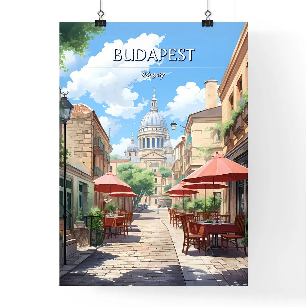 Budapest, Hungary - Art print of a street with tables and umbrellas in front of a building Poster