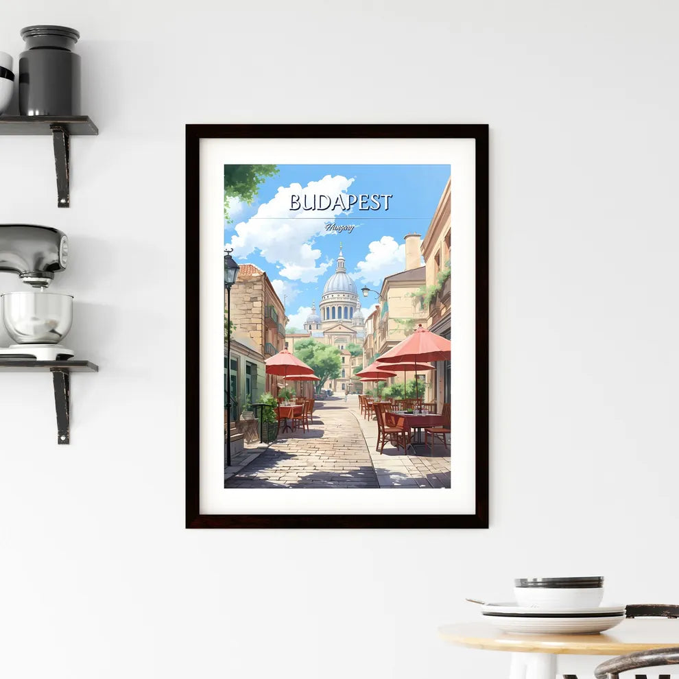Budapest, Hungary - Art print of a street with tables and umbrellas in front of a building Custom Print