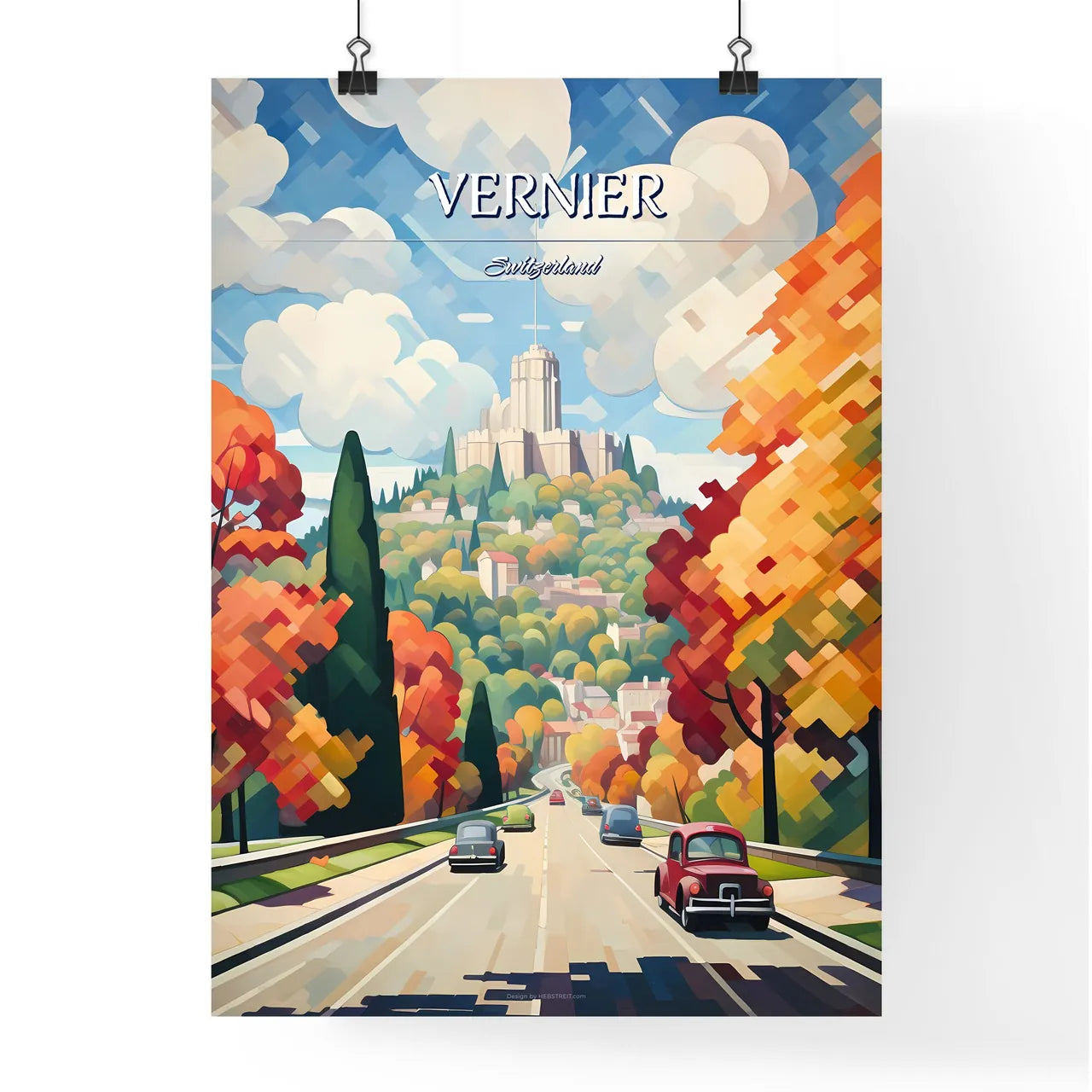 Vernier, Switzerland - Art print of a road with cars and trees on the side Poster
