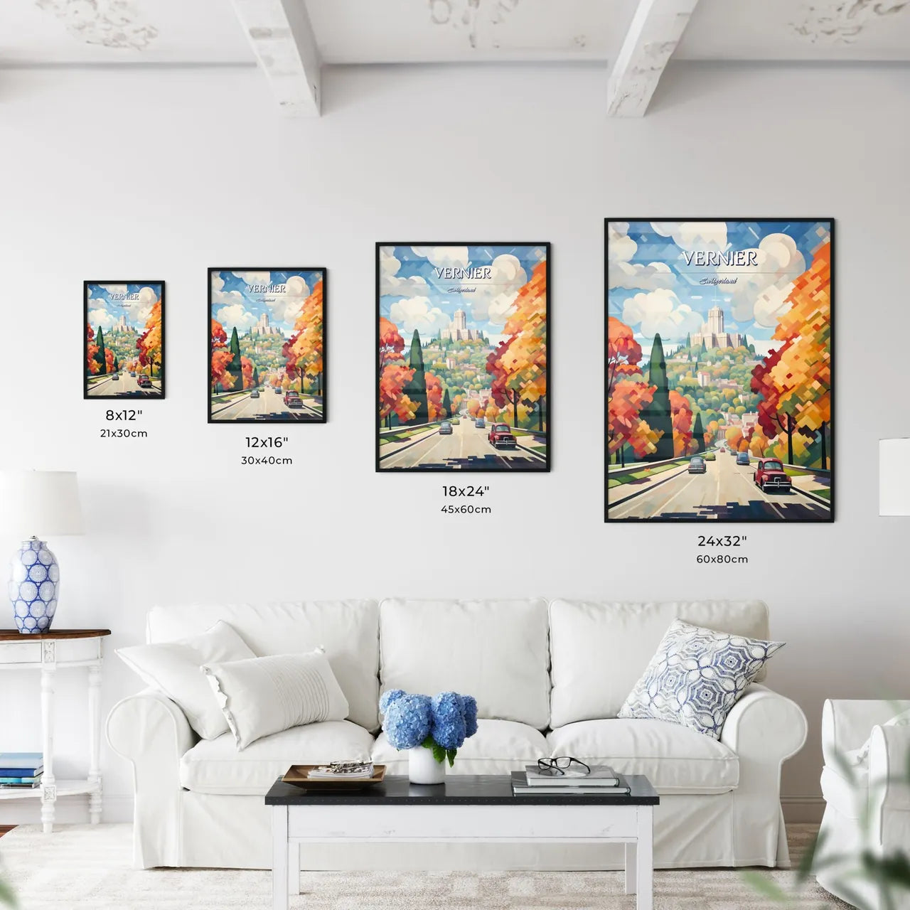 Vernier, Switzerland - Art print of a road with cars and trees on the side Size Chart