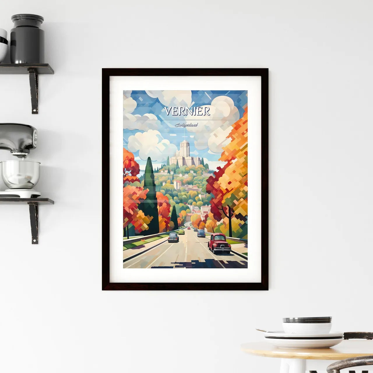 Vernier, Switzerland - Art print of a road with cars and trees on the side Custom Print