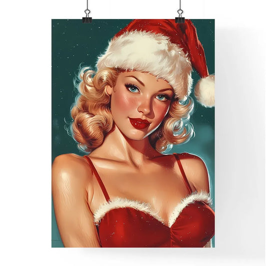 Woman wearing Santa hat - Art print of a wom Poster