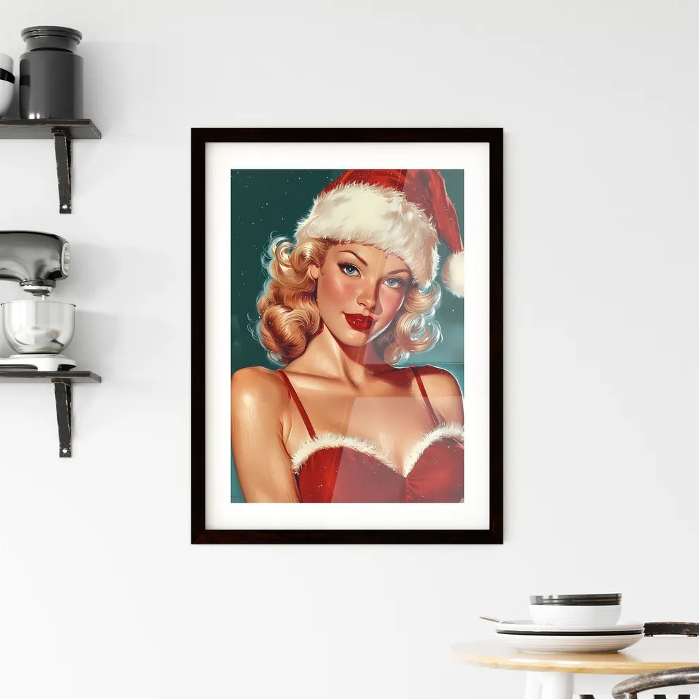 Woman wearing Santa hat - Art print of a wom Framed Print