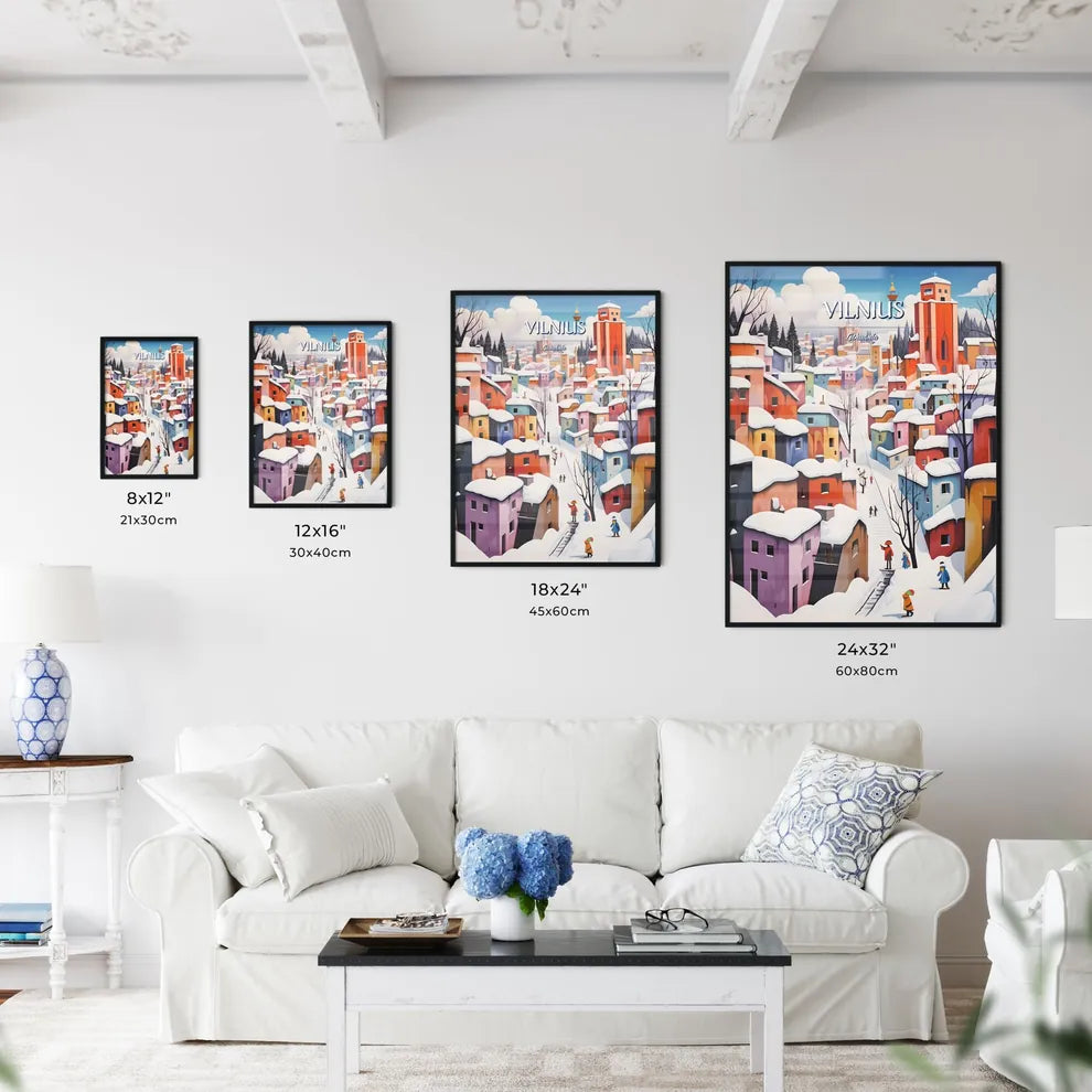 Vilnius, Lithuania - Art print of a painting of a city with snow on it Size Chart