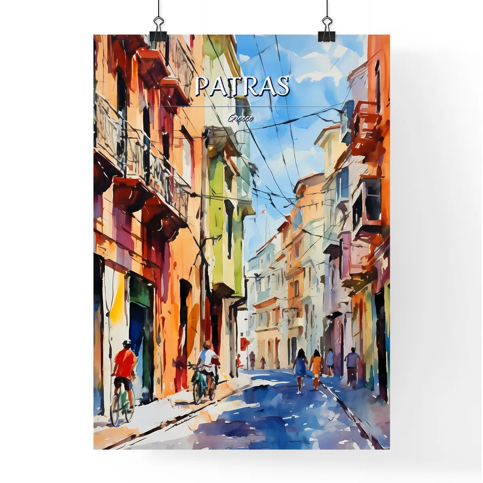 Patras, Greece - Art print of a watercolor painting of a street with buildings and people Poster