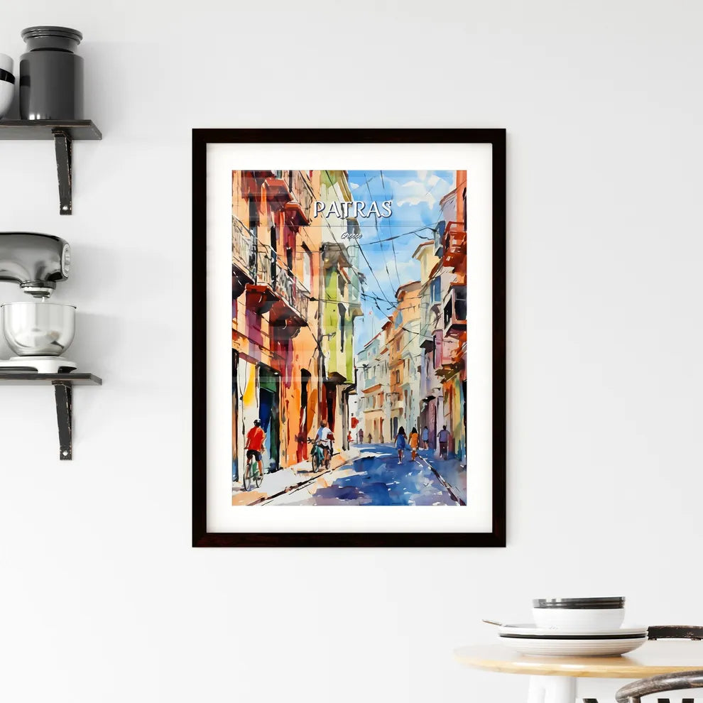 Patras, Greece - Art print of a watercolor painting of a street with buildings and people Custom Print
