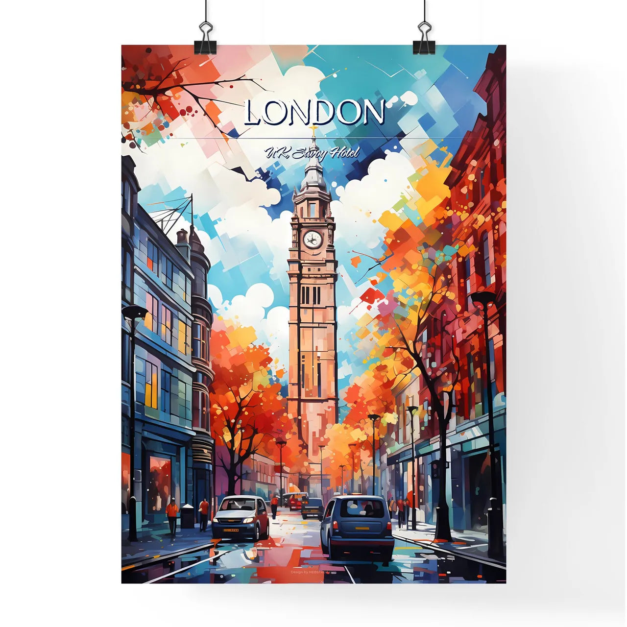 London, UK, Savoy Hotel - Art print of a clock tower in a city Poster