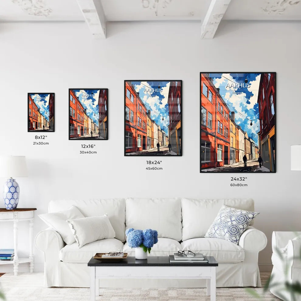 Aarhus, Denmark - Art print of a person walking down a street with buildings Size Chart