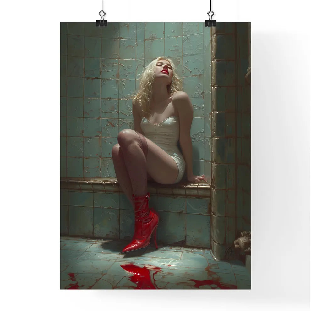 Blonde pin up girl in stockings with red hig Poster