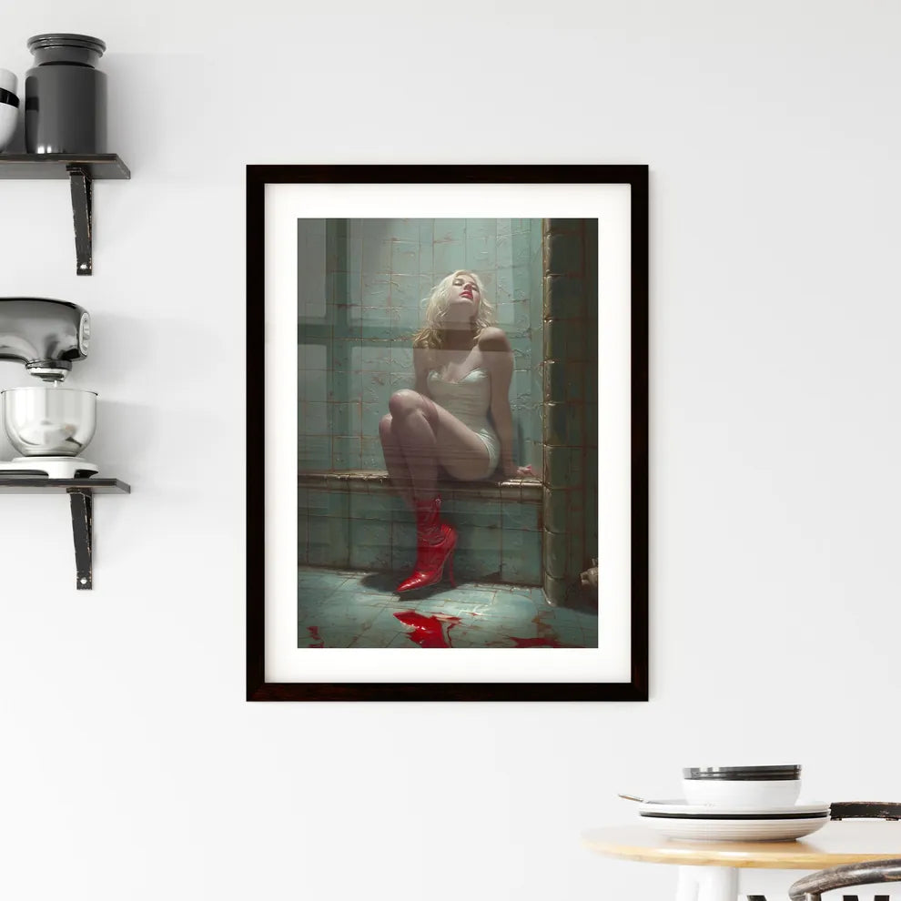 Blonde pin up girl in stockings with red hig Framed Print