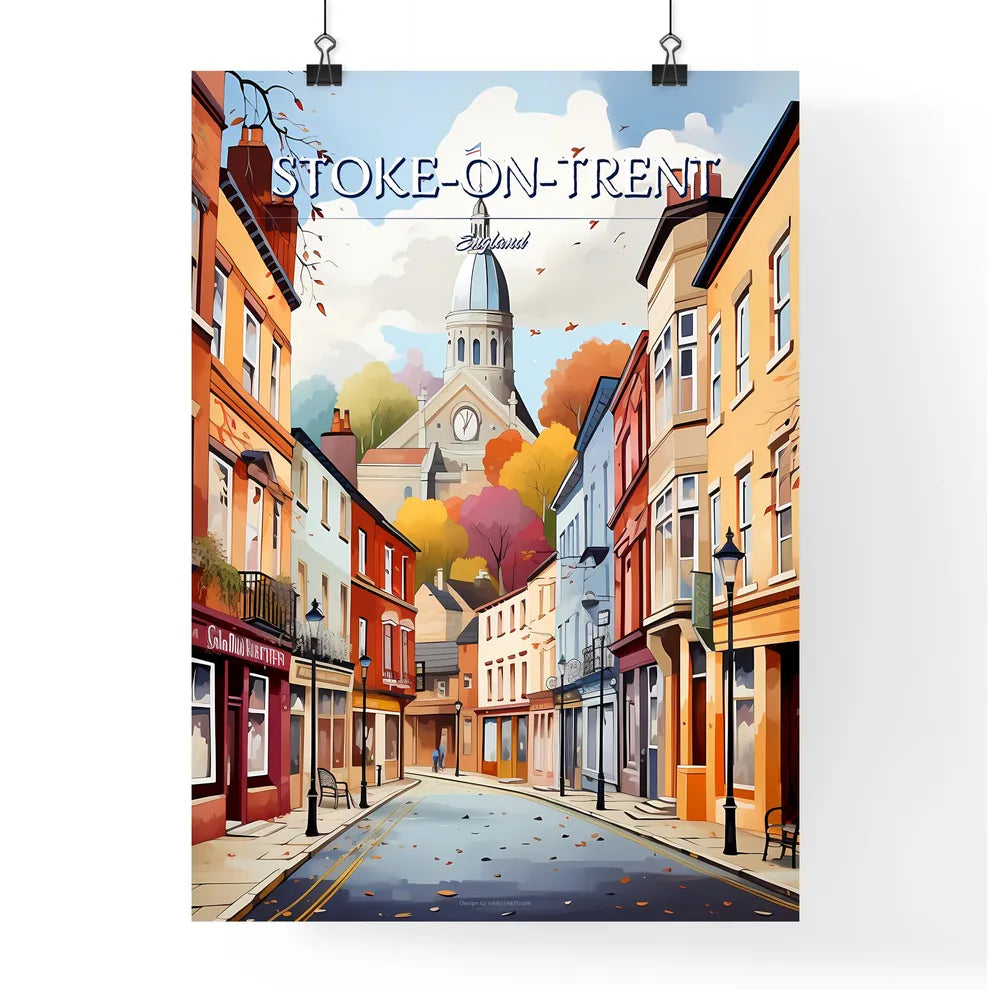 Stoke-on-Trent, England - Art print of a street with buildings and a church Poster