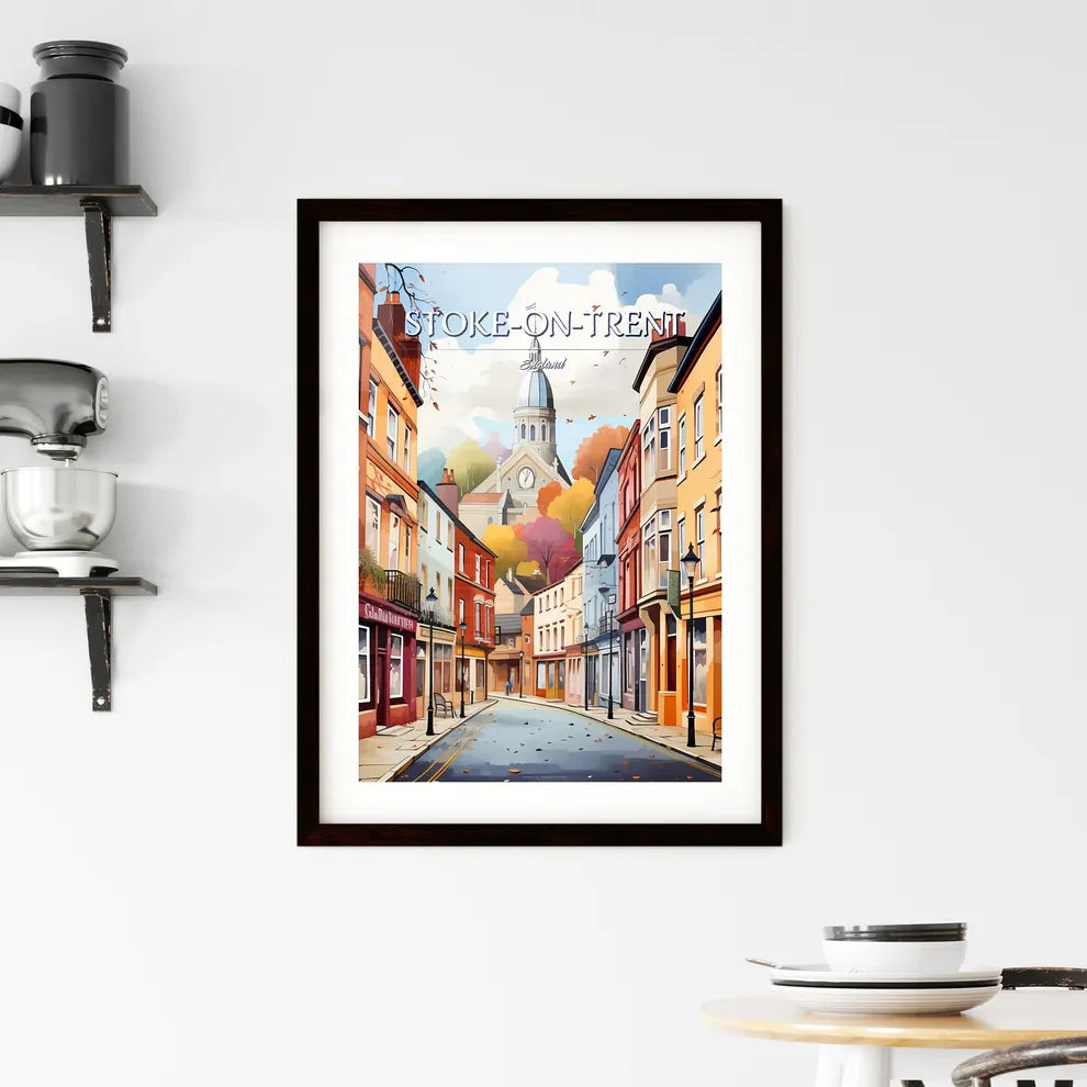 Stoke-on-Trent, England - Art print of a street with buildings and a church Custom Print