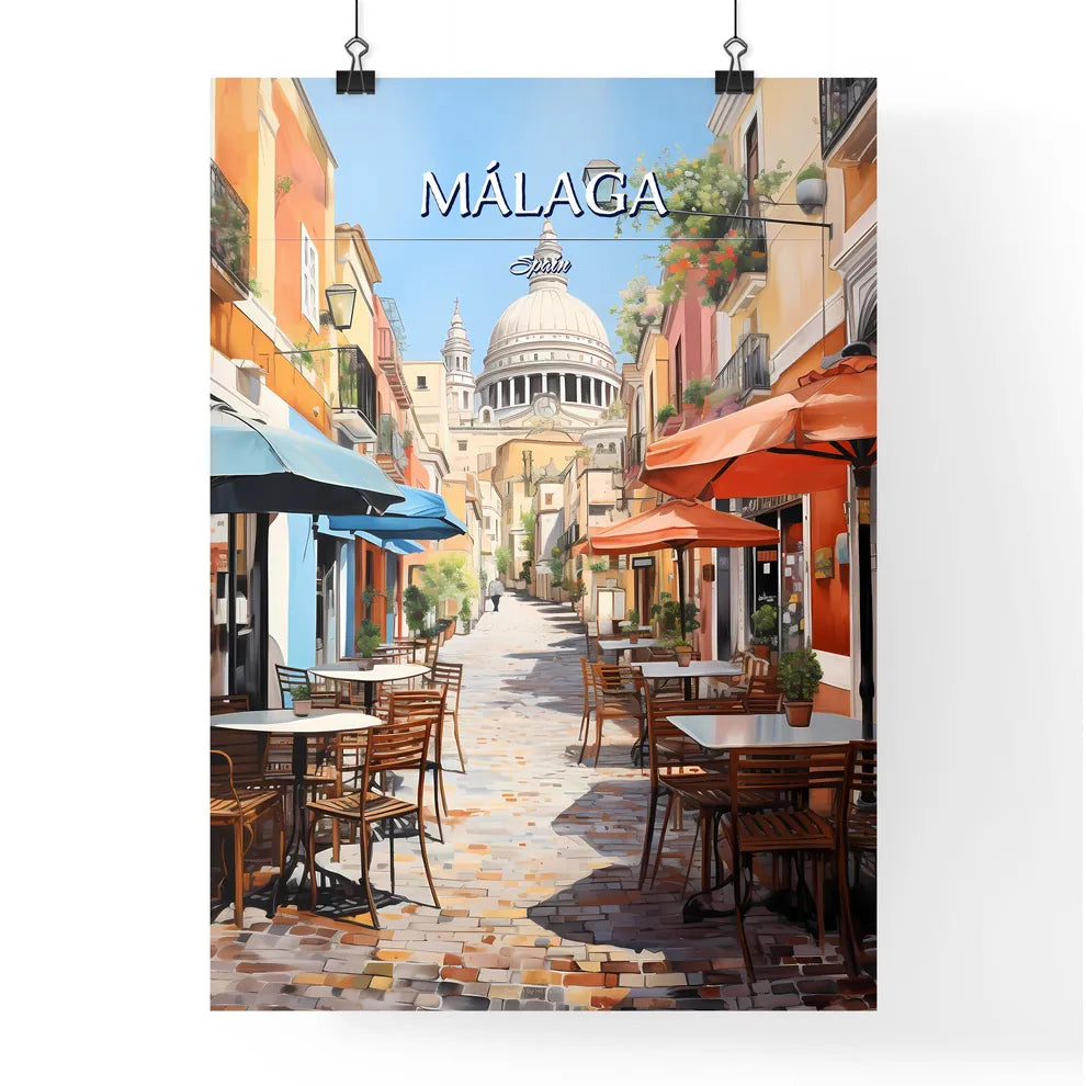 Málaga, Spain - Art print of a street with tables and chairs and umbrellas Poster