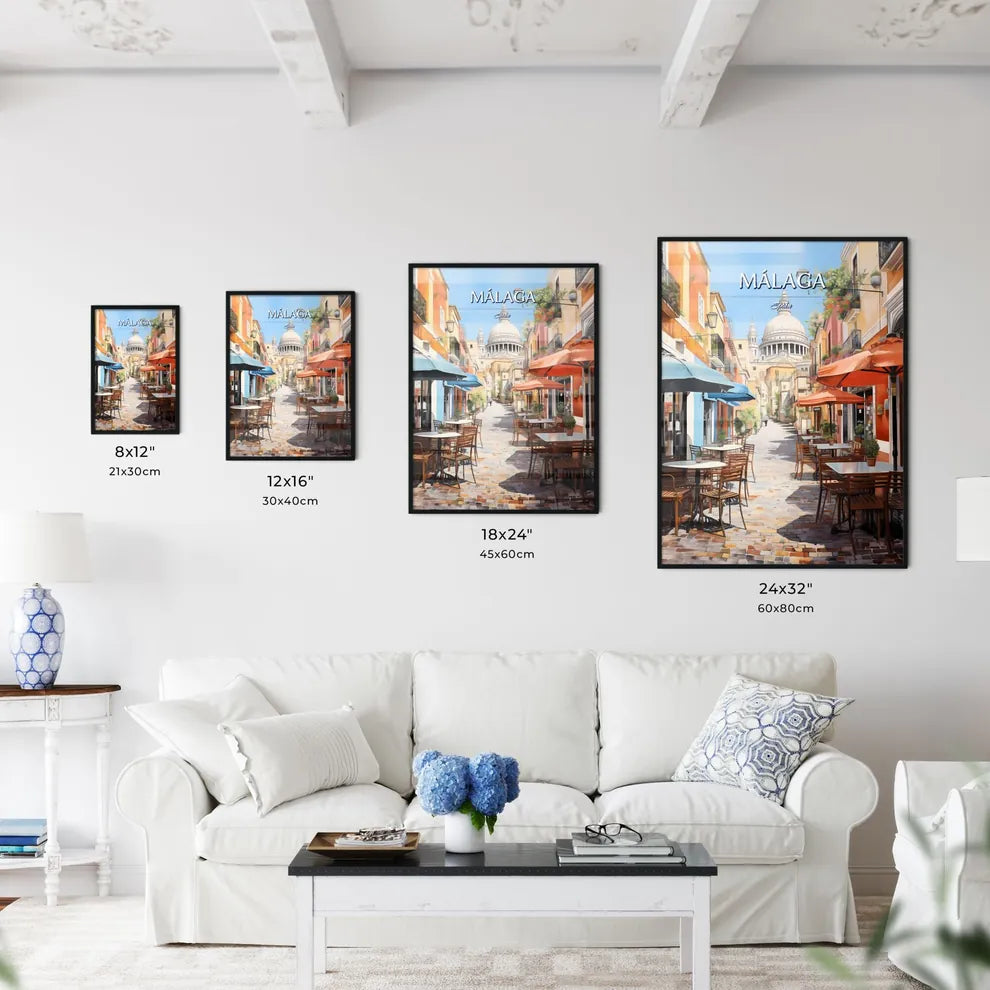 Málaga, Spain - Art print of a street with tables and chairs and umbrellas Size Chart