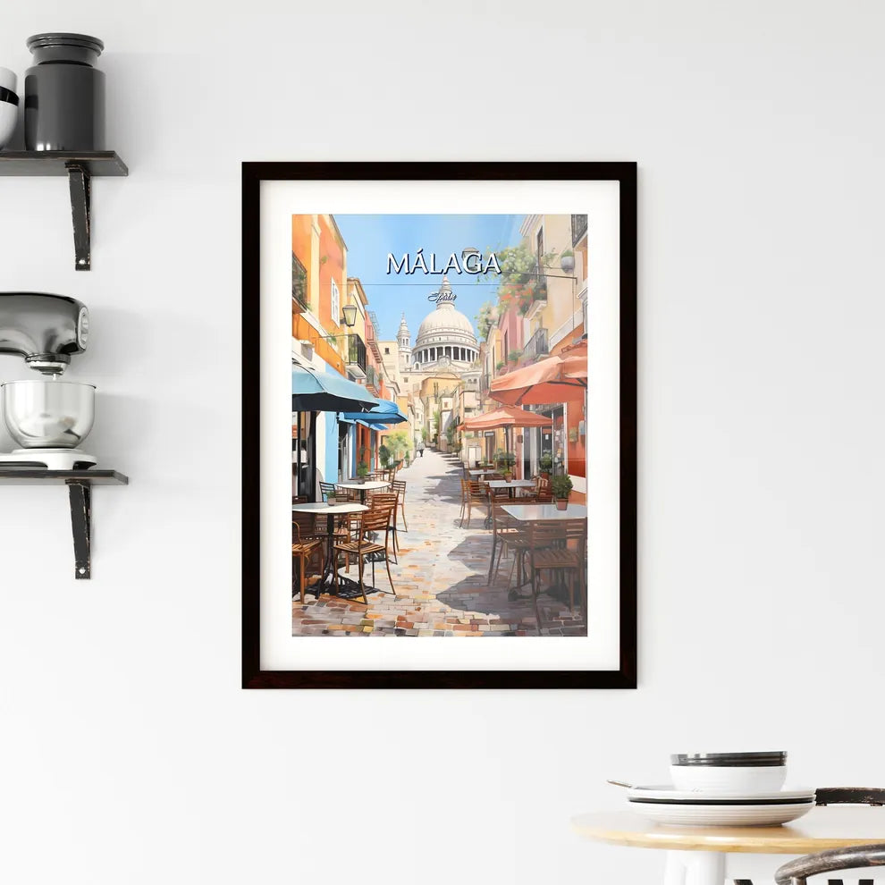 Málaga, Spain - Art print of a street with tables and chairs and umbrellas Custom Print