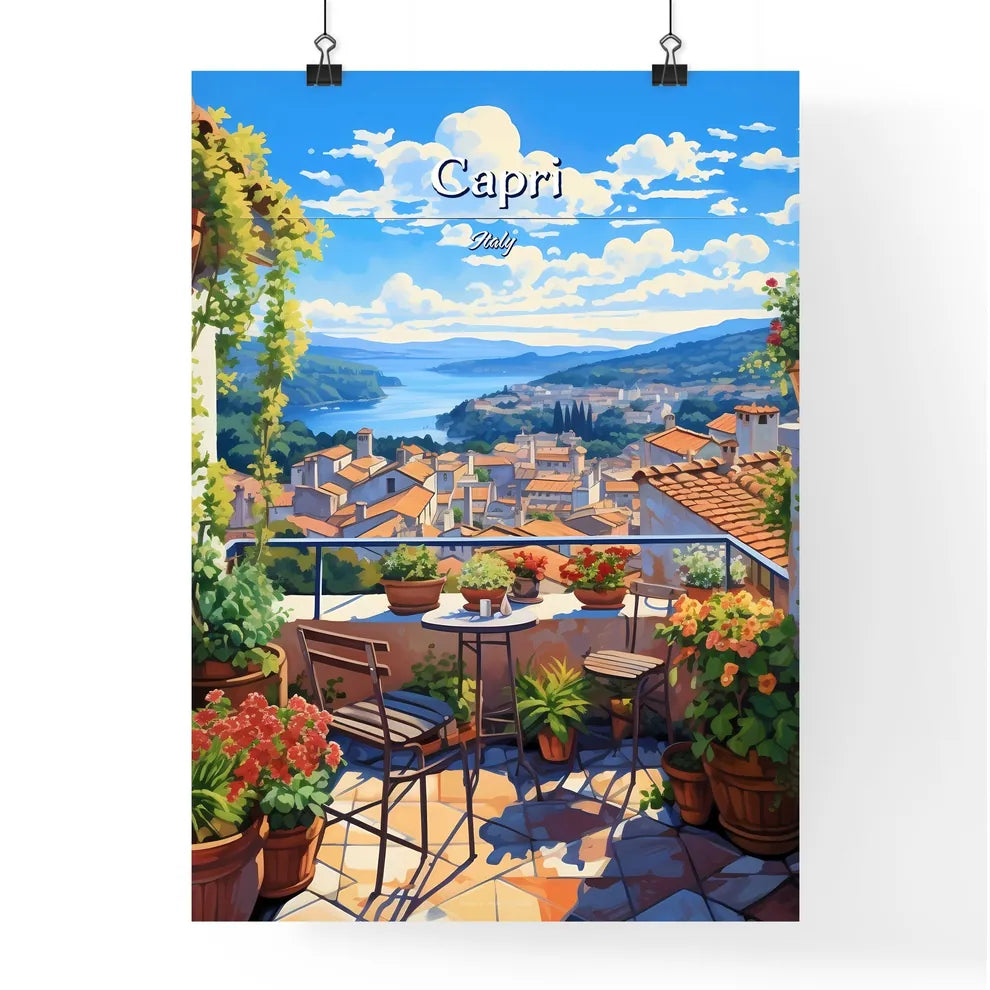 On the roofs of Capri, Italy - Art print of a balcony with a view of a city and a body of water Poster