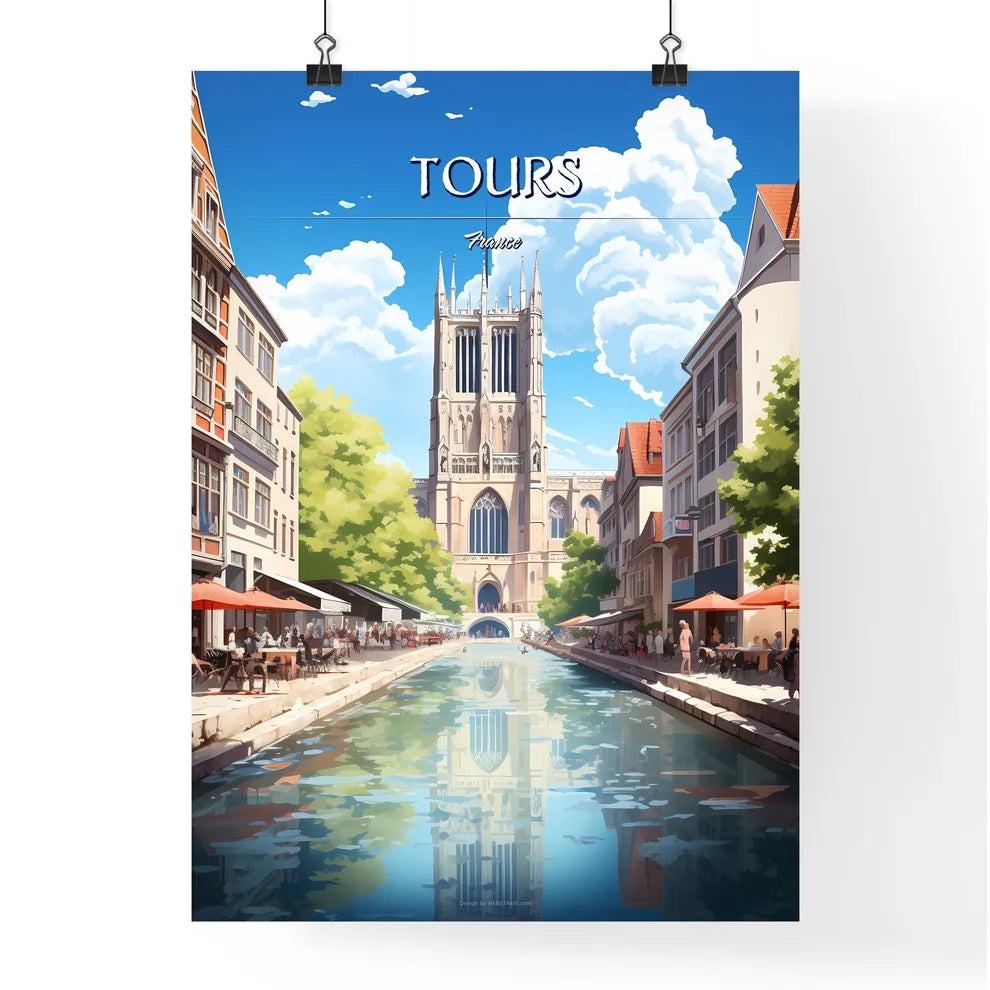 Tours, France - Art print of a water canal with people and buildings in the background Poster
