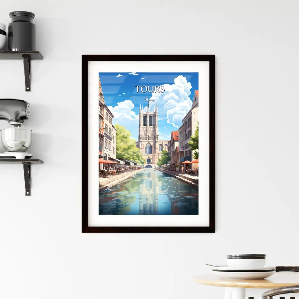 Tours, France - Art print of a water canal with people and buildings in the background Custom Print