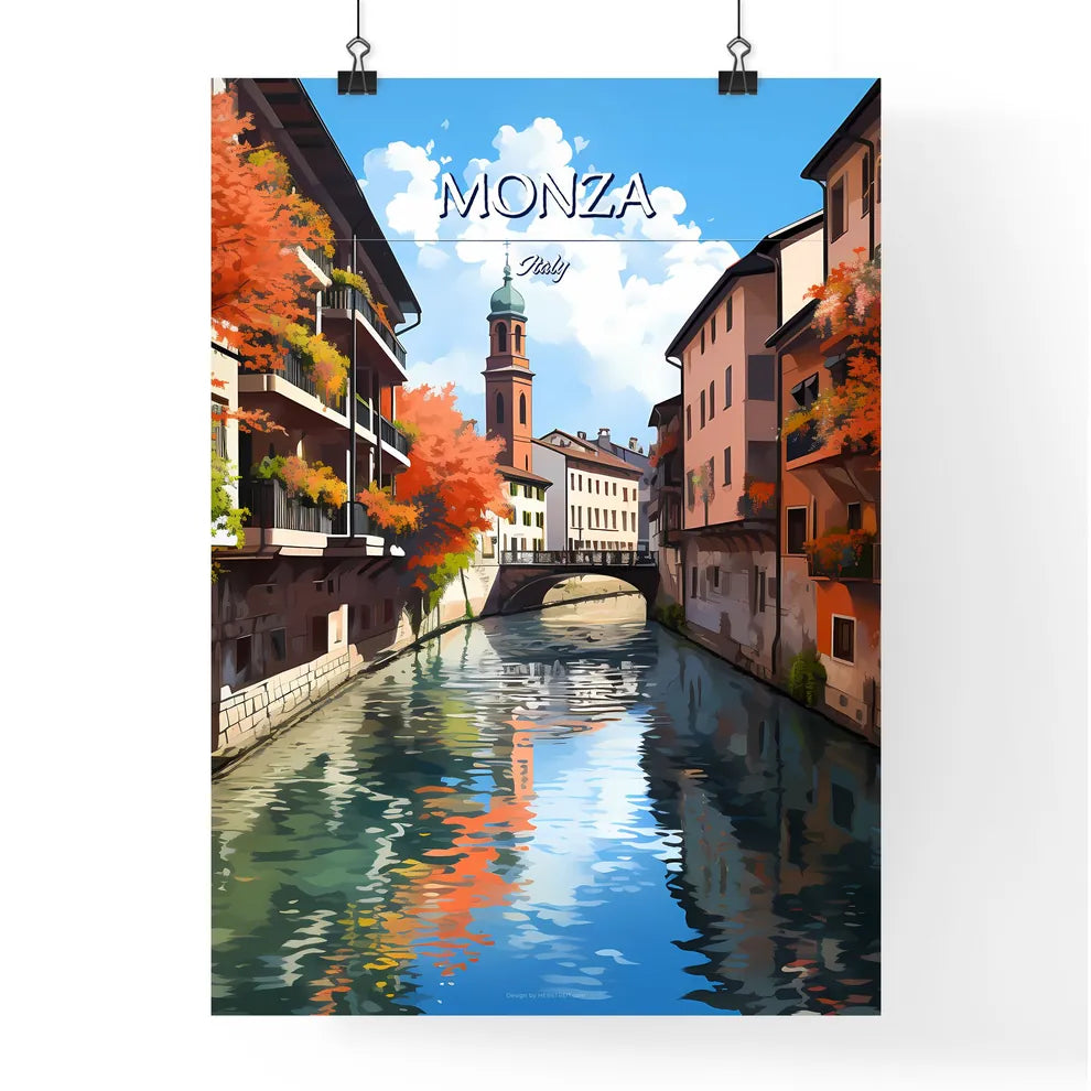 Monza, Italy - Art print of a river with buildings and trees Poster