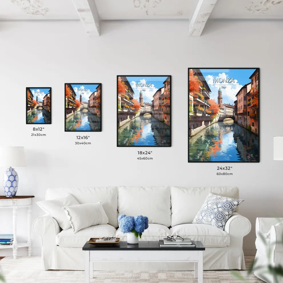 Monza, Italy - Art print of a river with buildings and trees Size Chart