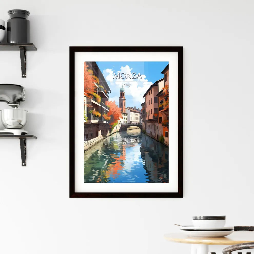 Monza, Italy - Art print of a river with buildings and trees Custom Print