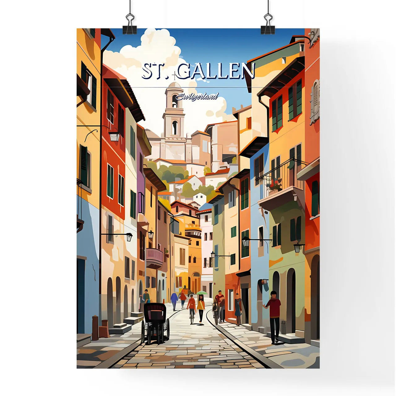 St. Gallen, Switzerland - Art print of a street with buildings and people walking Poster