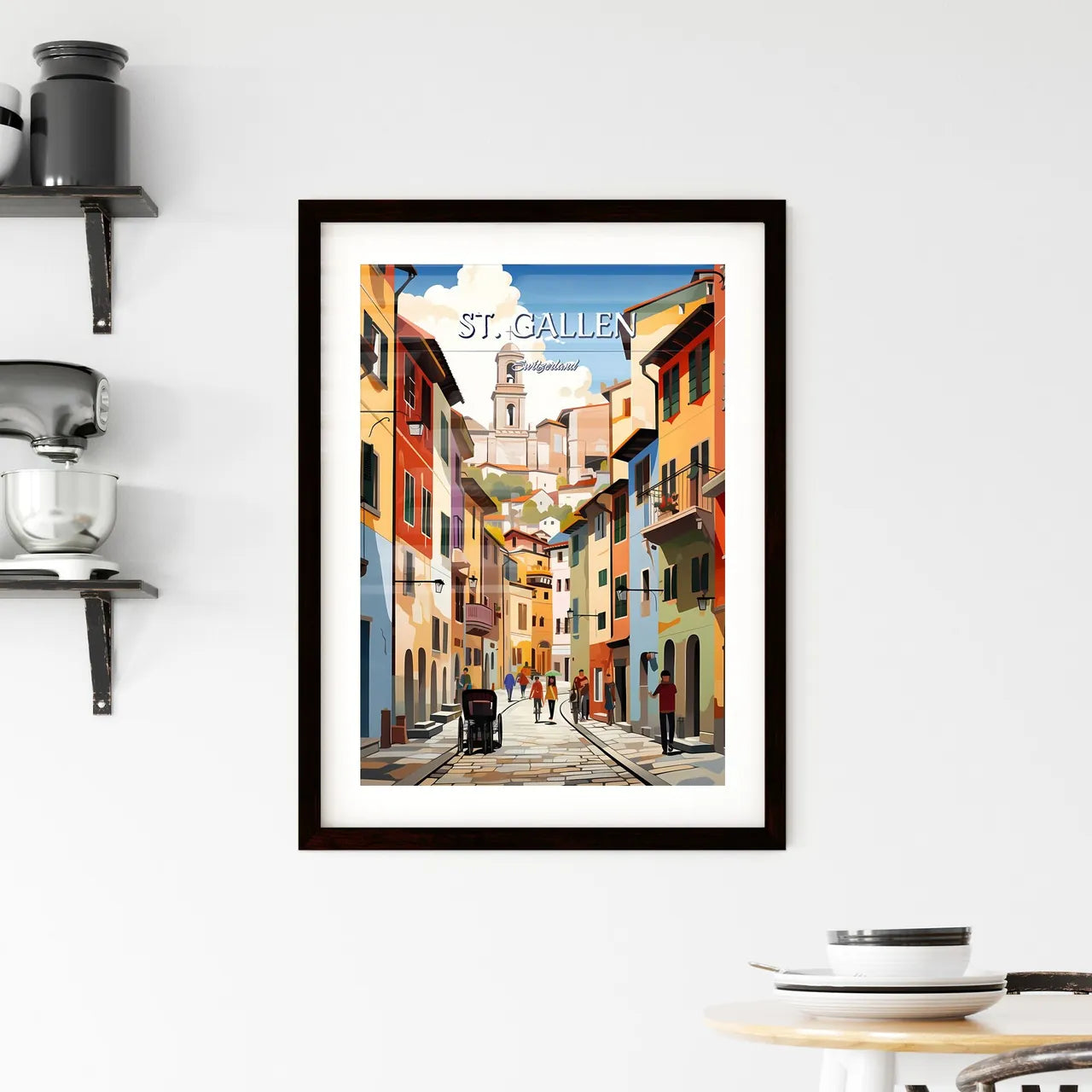 St. Gallen, Switzerland - Art print of a street with buildings and people walking Custom Print