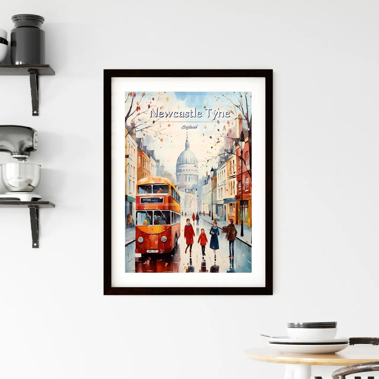Newcastle upon Tyne, England - Art print of a painting of people walking on a street with a bus and people walking Custom Print