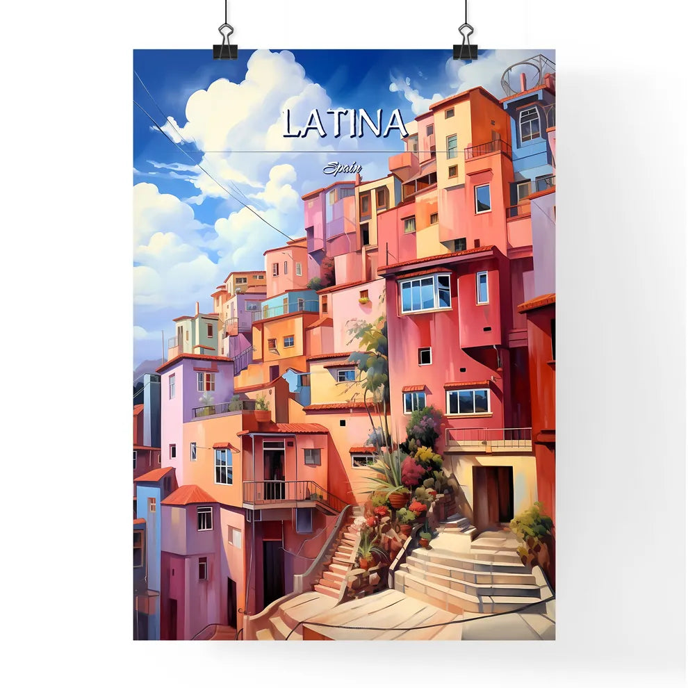 Latina, Spain - Art print of a colorful buildings with stairs and plants Poster