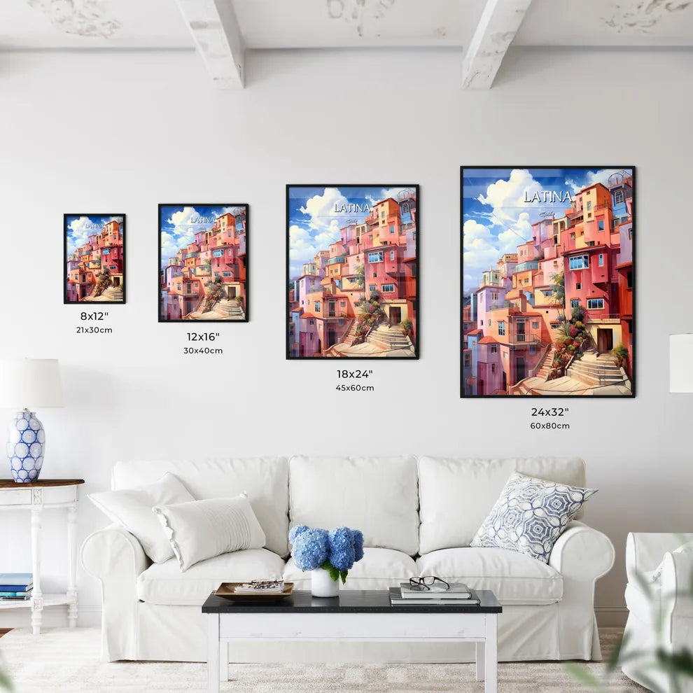 Latina, Spain - Art print of a colorful buildings with stairs and plants Size Chart