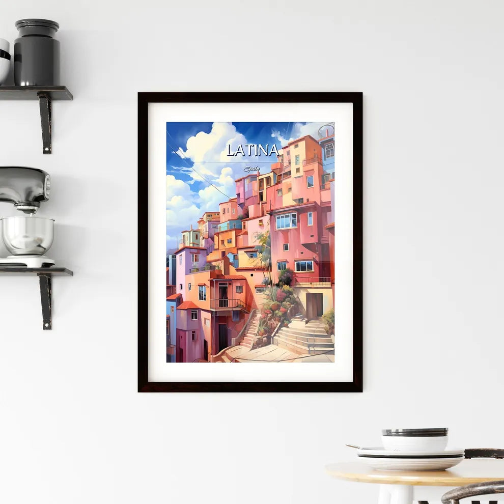 Latina, Spain - Art print of a colorful buildings with stairs and plants Custom Print