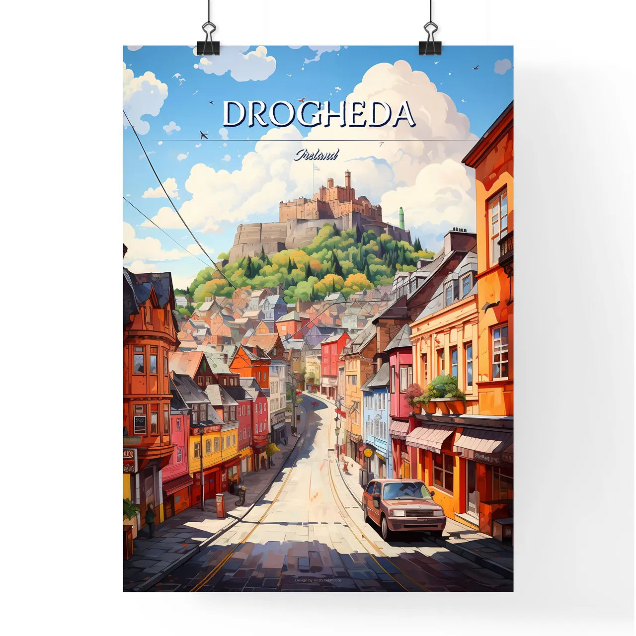 Drogheda, Ireland - Art print of a street with buildings and a castle in the background Poster