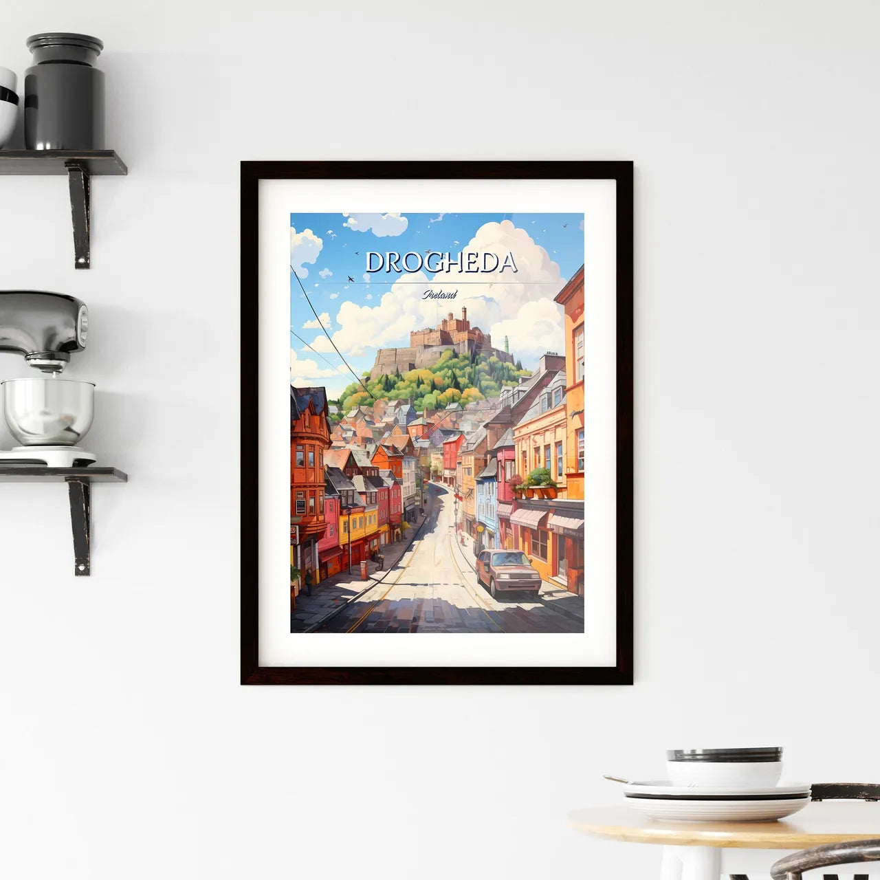 Drogheda, Ireland - Art print of a street with buildings and a castle in the background Custom Print
