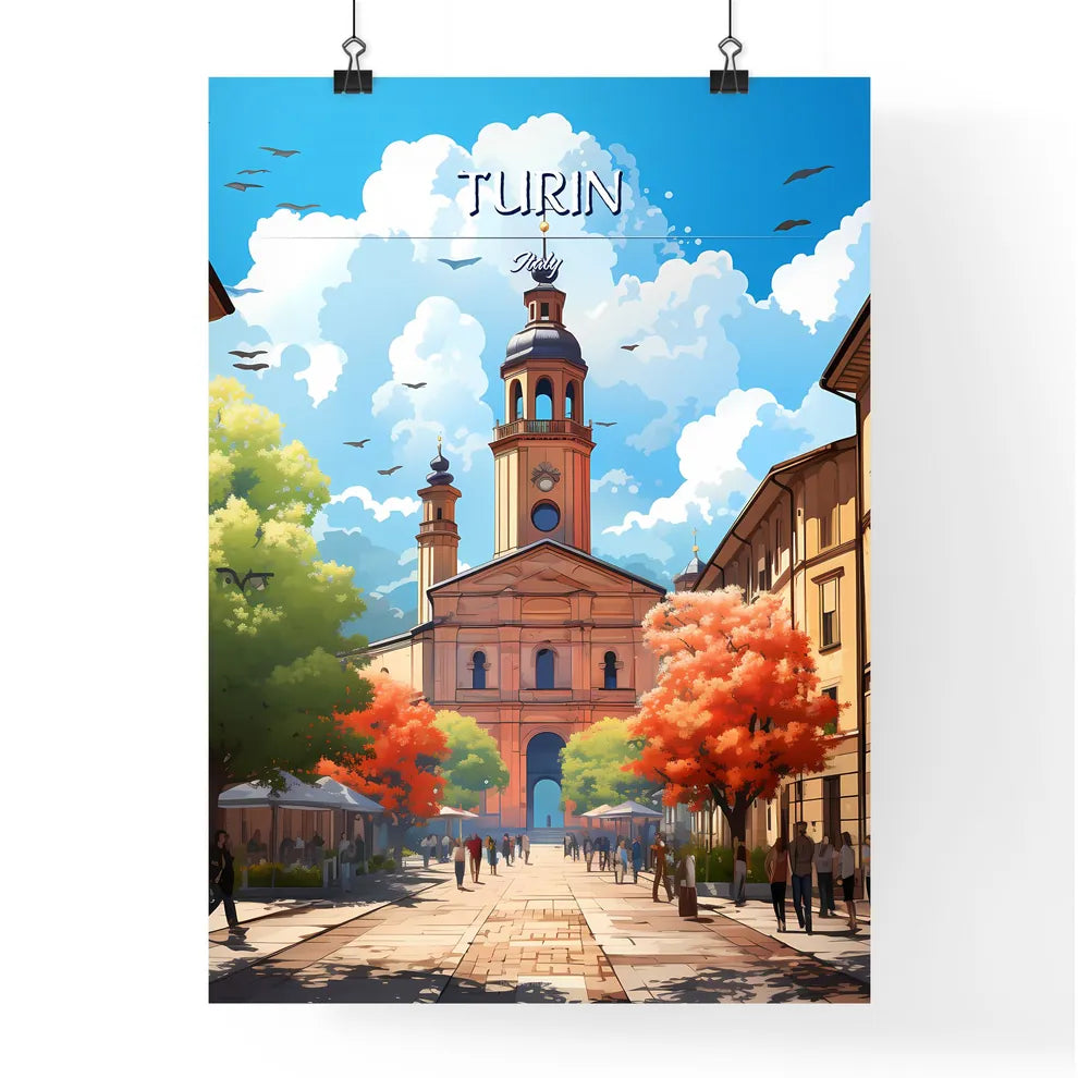 Turin, Italy - Art print of a street with a building and people walking around Poster