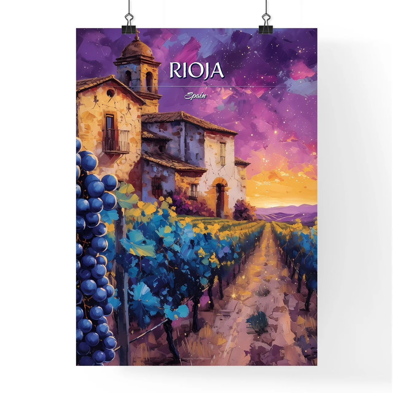 Rioja, Spain - Art print of a painting of a house and grapes in a vineyard Poster