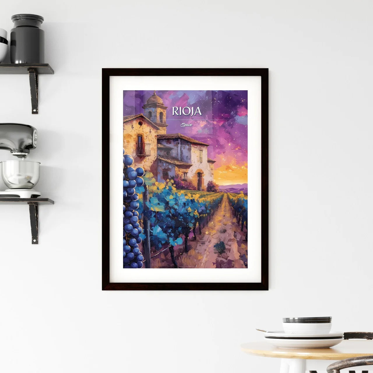 Rioja, Spain - Art print of a painting of a house and grapes in a vineyard Custom Print