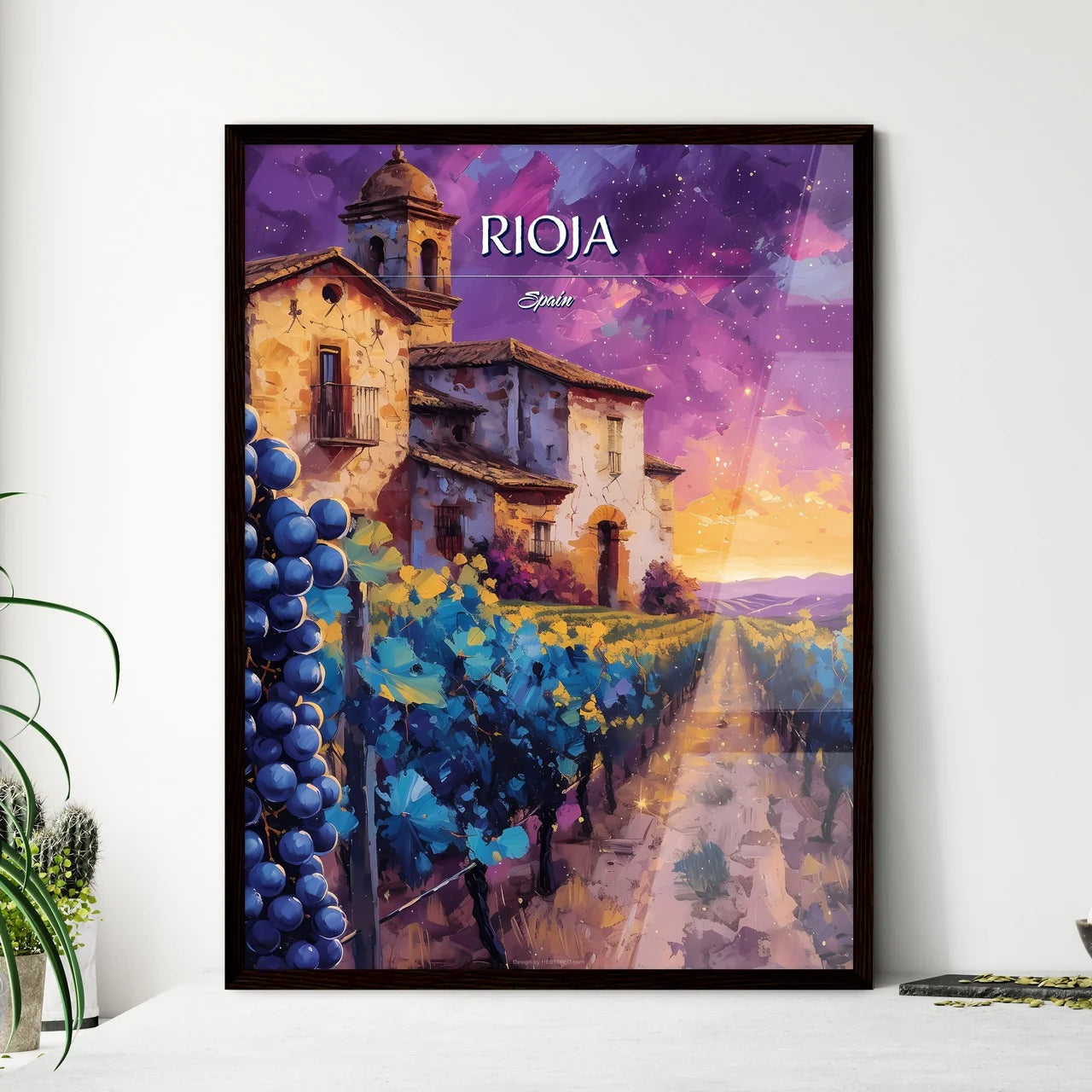 Rioja, Spain - Art print of a painting of a house and grapes in a vineyard Framed Art
