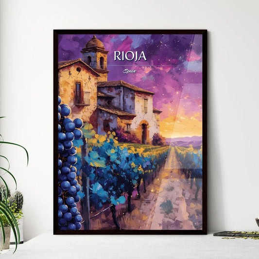 Rioja, Spain - Art print of a painting of a house and grapes in a vineyard Framed Art